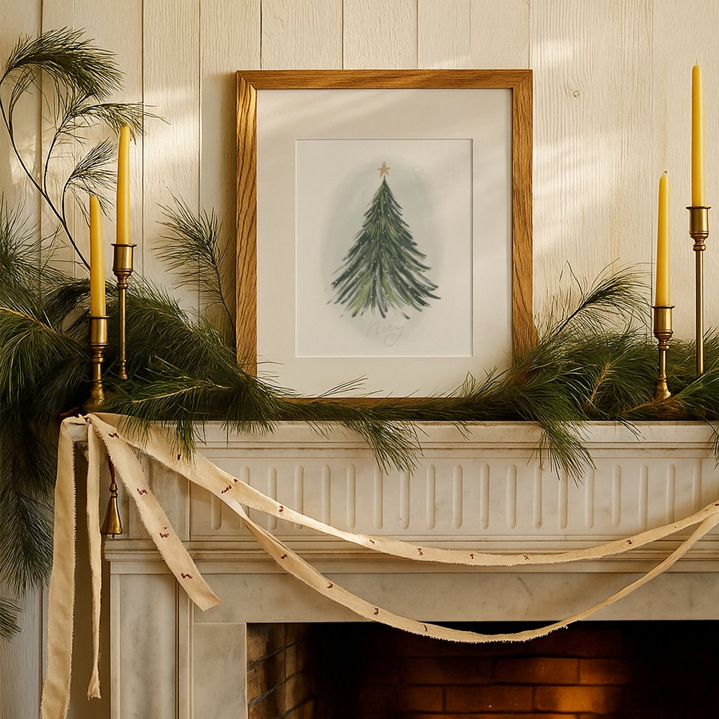 watercolor christmas tree art print with hand lettered word merry