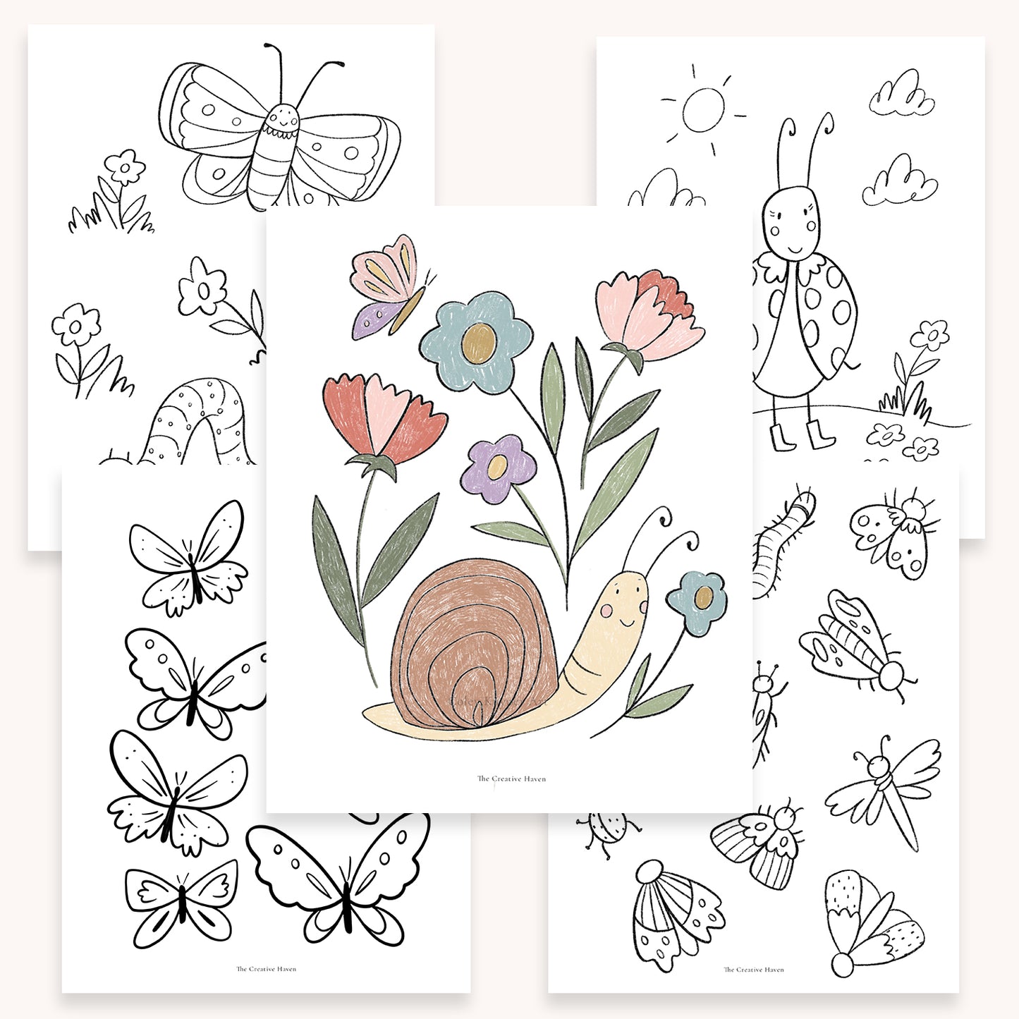 Garden Bugs Printable Coloring Page Bundle | 5 Pages Instant Download - Coley Kuyper Art