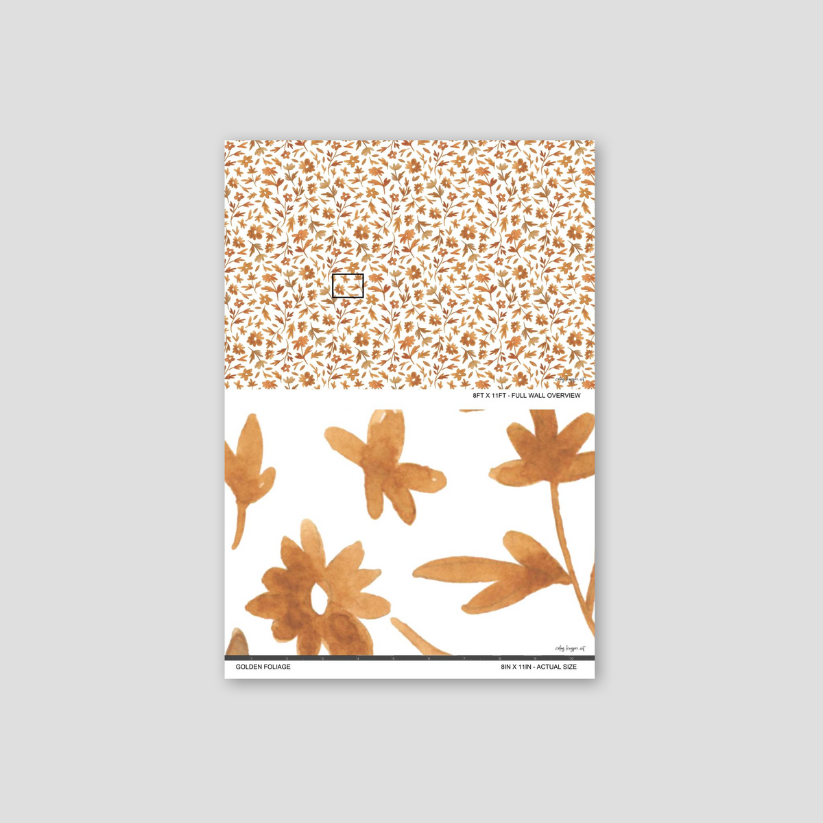 Golden Foliage wallpaper with rust and ochre leaf pattern on white background.
