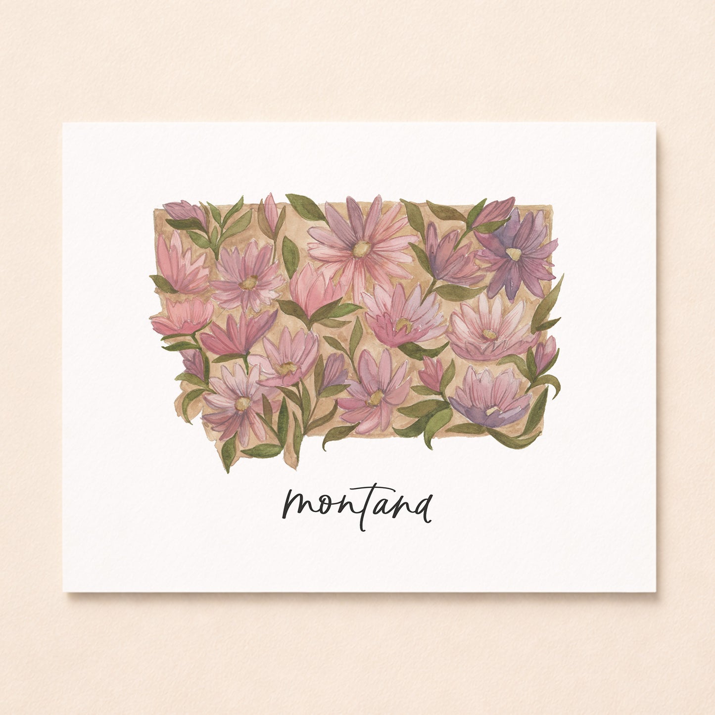 Montana state flower Bitterroot watercolor art print with hand-lettered Montana underneath on archival paper