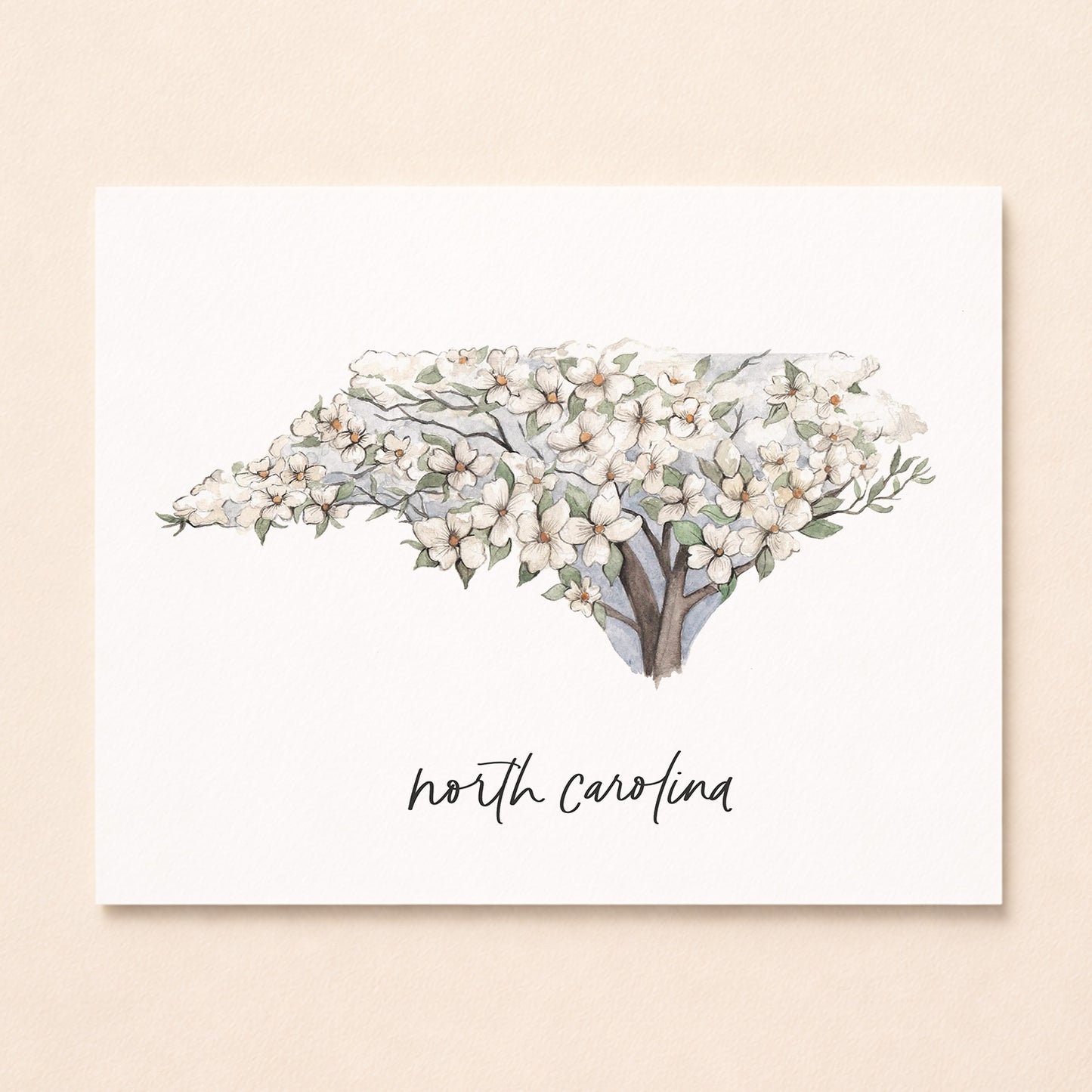 North Carolina state flower Dogwood watercolor art print with hand-lettered North Carolina underneath on archival paper