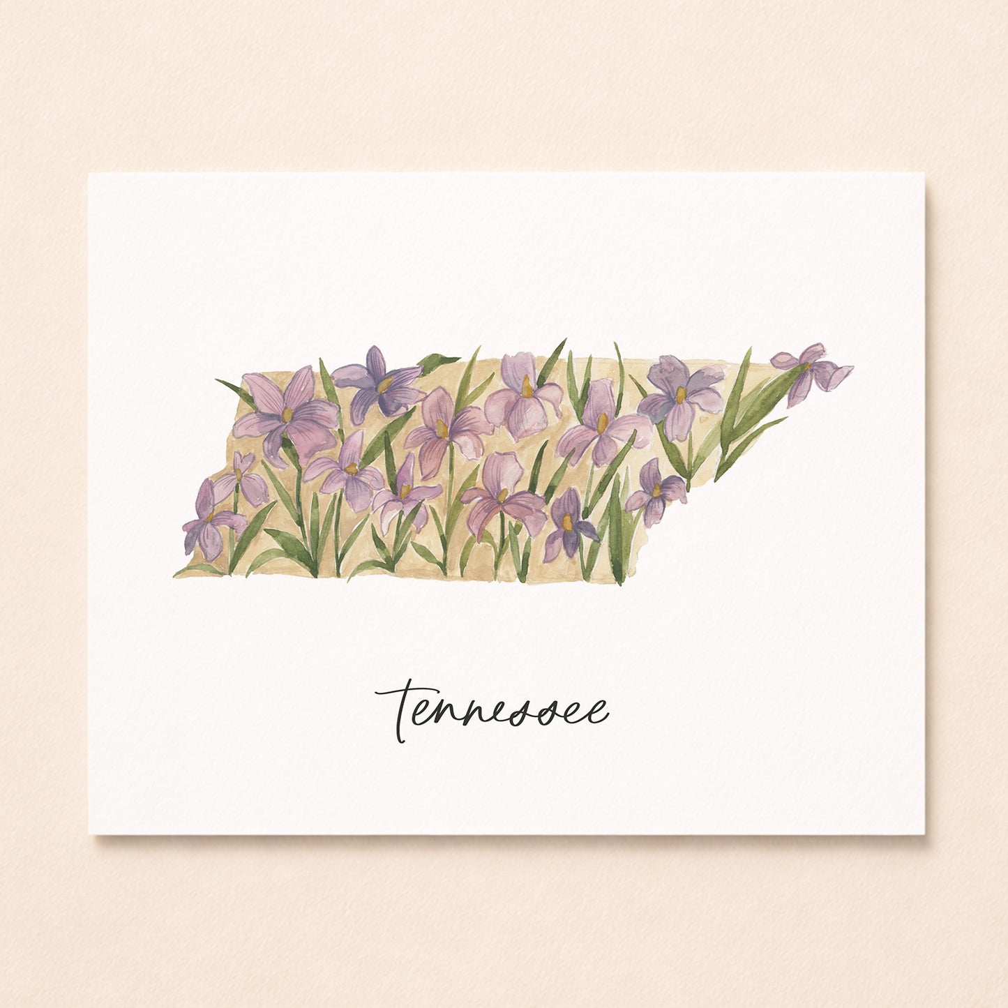 Tennessee state flower Iris watercolor art print with hand-lettered Tennessee on underneath archival paper