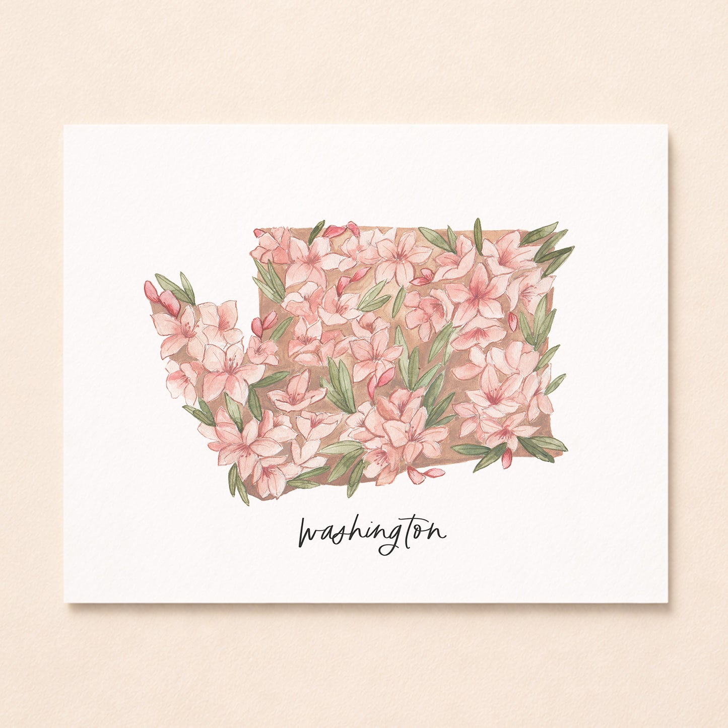 Washington state flower Coast Rhododendron watercolor art print with hand-lettered Washington underneath on archival paper