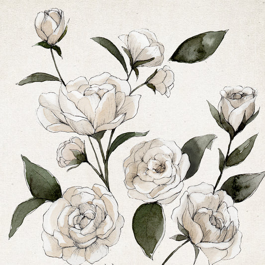 June rose birth flower watercolor art print in soft neutral tones with white flowers and green leaves.