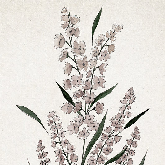 July larkspur birth flower watercolor art print in soft purple, green, and neutral tones