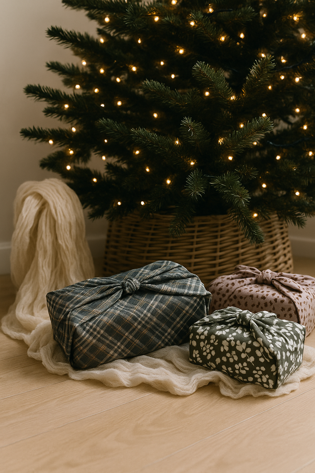 Three wrapped gifts in front of a decorated Christmas tree.