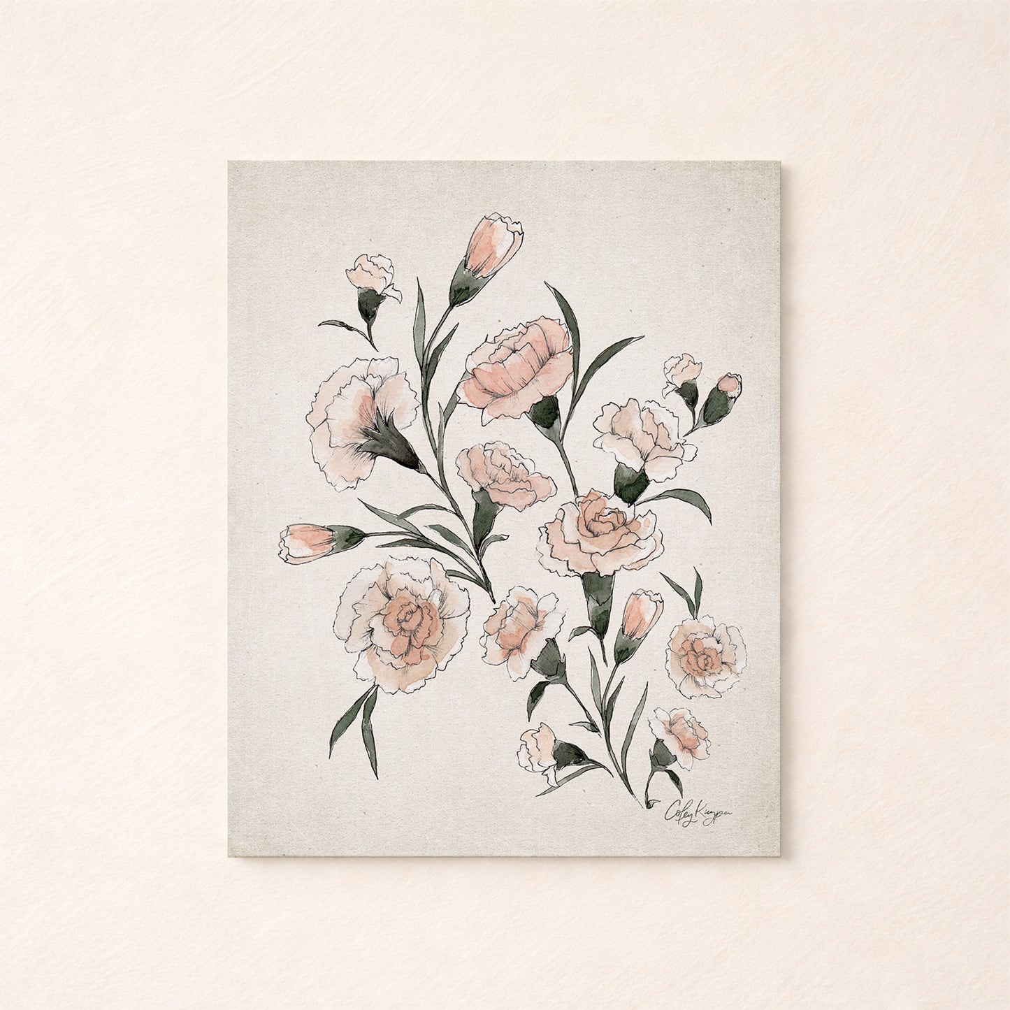 January carnation birth flowers painting with pink flowers on a textured beige background