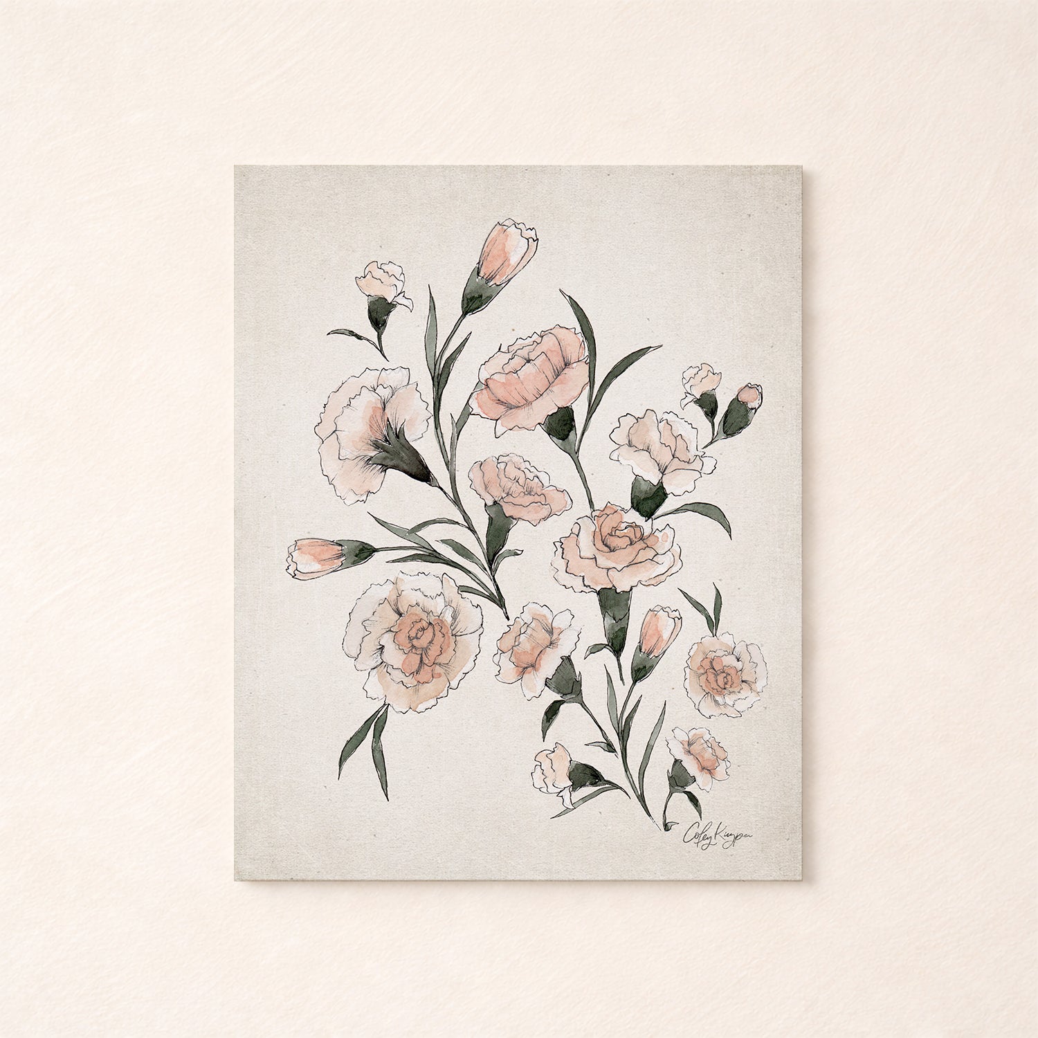 January carnation birth flowers painting with pink flowers on a textured beige background