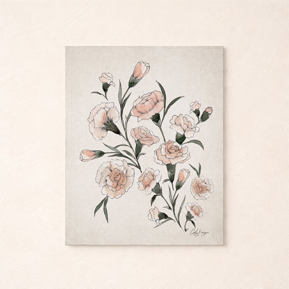 January carnation birth flowers painting with pink flowers on a textured beige background