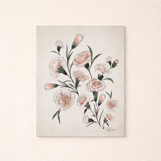 January carnation birth flowers painting with pink flowers on a textured beige background