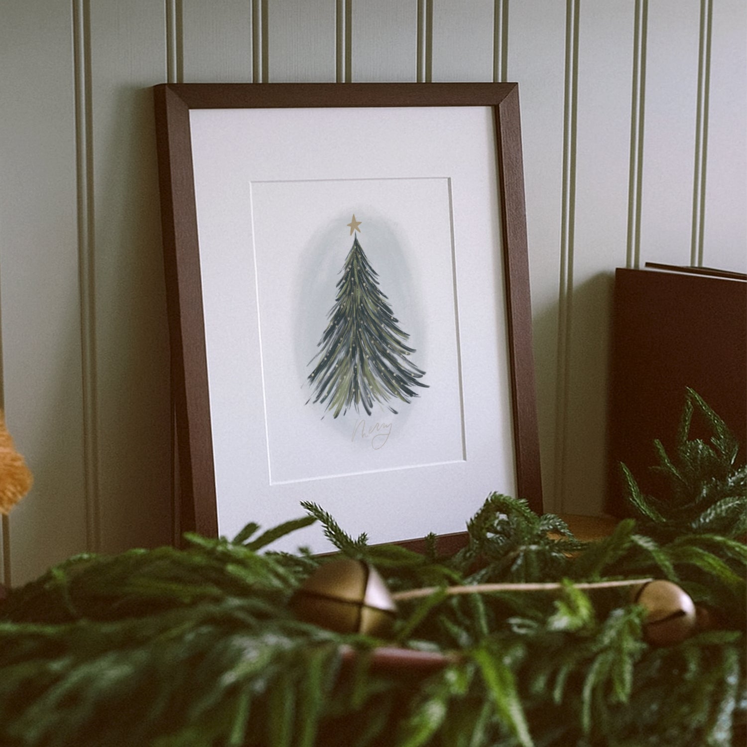 watercolor christmas tree art print with hand lettered word merry