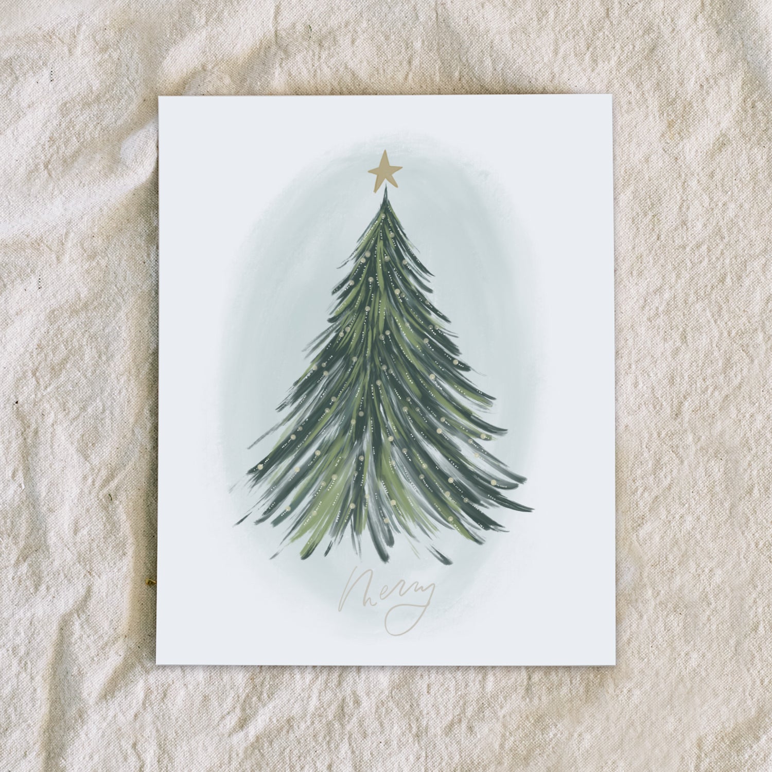 watercolor christmas tree art print with hand lettered word merry