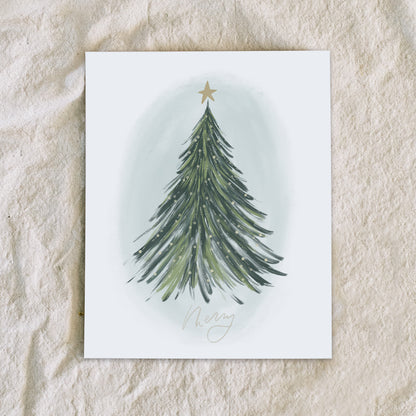 watercolor christmas tree art print with hand lettered word merry