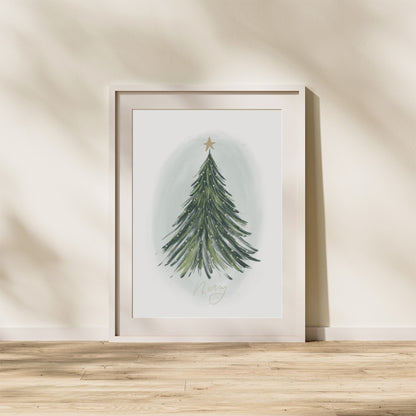 watercolor christmas tree art print with hand lettered word merry