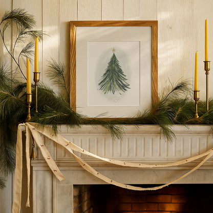 watercolor christmas tree art print with hand lettered word merry