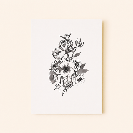 Black and white floral illustration on a beige background