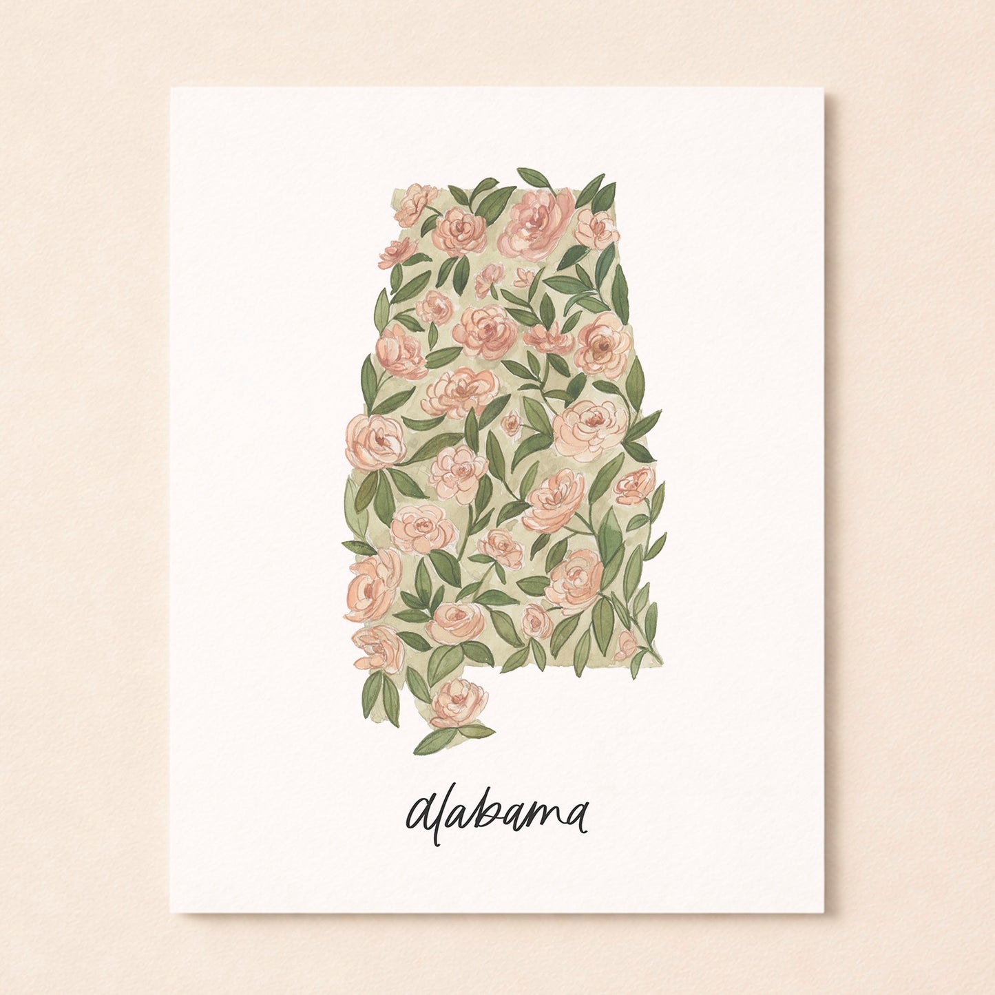 Alabama state flower Camellia watercolor art print with hand-lettered Alabama on archival paper