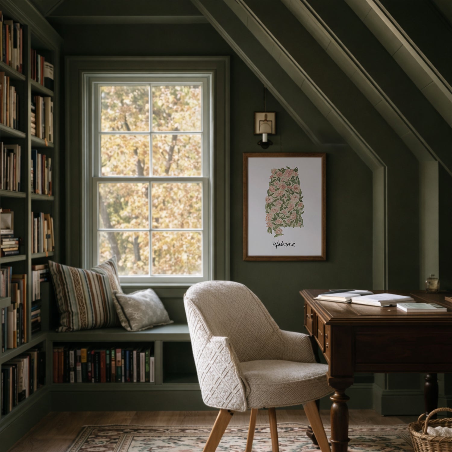 Alabama state flower Camellia watercolor art print in a cozy home office with bookshelves, window, and desk.