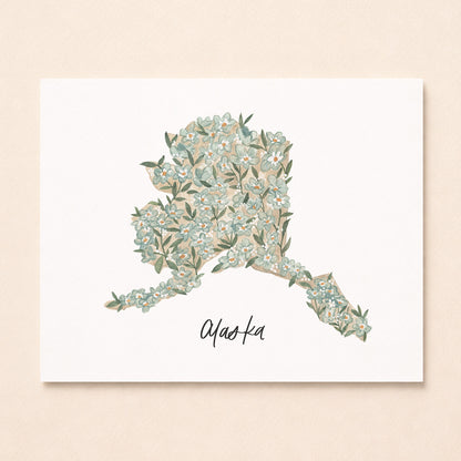 Alaska state flower Forget-Me-Not watercolor art print with hand-lettered Alaska on white archival paper