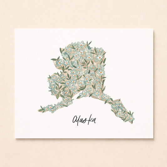 Alaska state flower Forget-Me-Not watercolor art print with hand-lettered Alaska on white archival paper