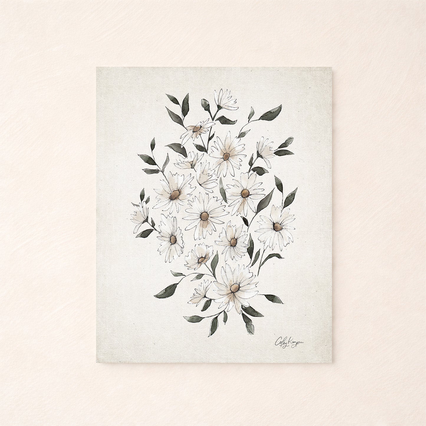 April daisy birth flower watercolor art print in soft neutral tones, white flowers and green leaves on a light background