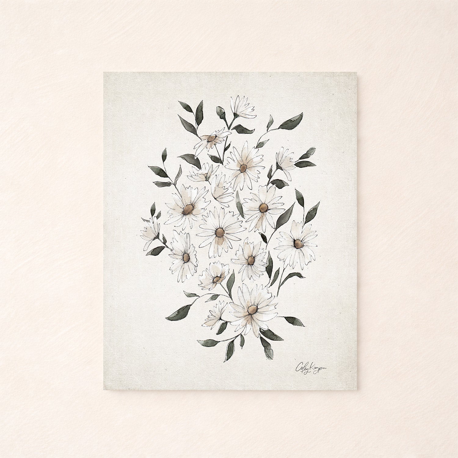 April daisy birth flower watercolor art print in soft neutral tones, white flowers and green leaves on a light background