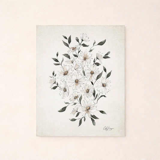 April daisy birth flower watercolor art print in soft neutral tones, white flowers and green leaves on a light background