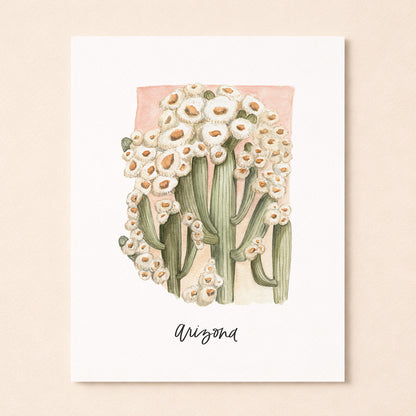 Arizona state flower Saguaro Cactus Blossom watercolor art print with hand-lettered Arizona on archival paper