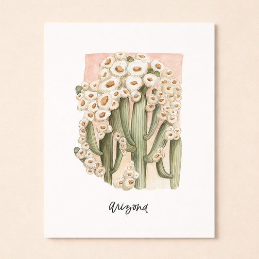 Arizona state flower Saguaro Cactus Blossom watercolor art print with hand-lettered Arizona on archival paper