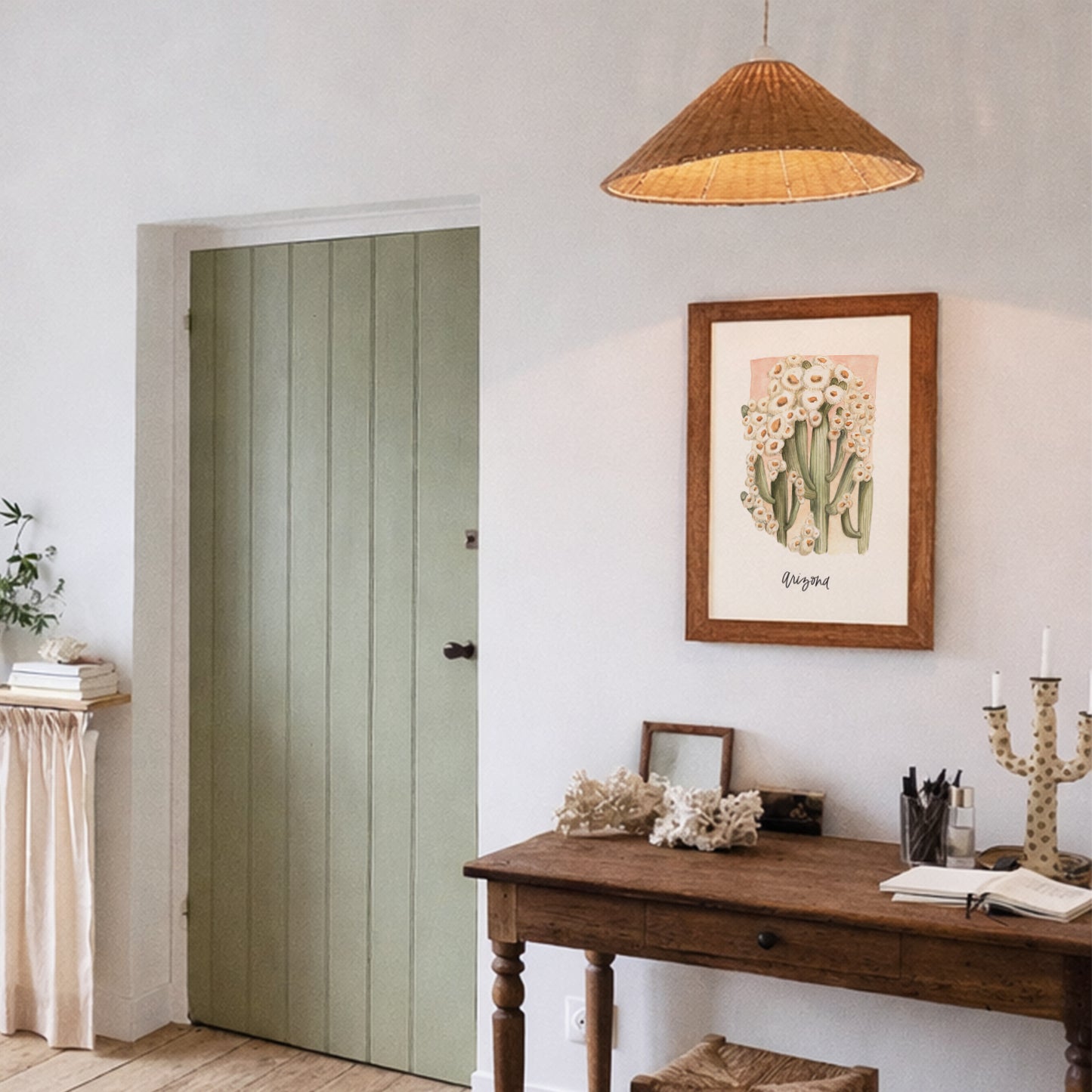 Arizona state flower Saguaro Cactus Blossom watercolor art print on archival paper framed on wall above wooden desk,