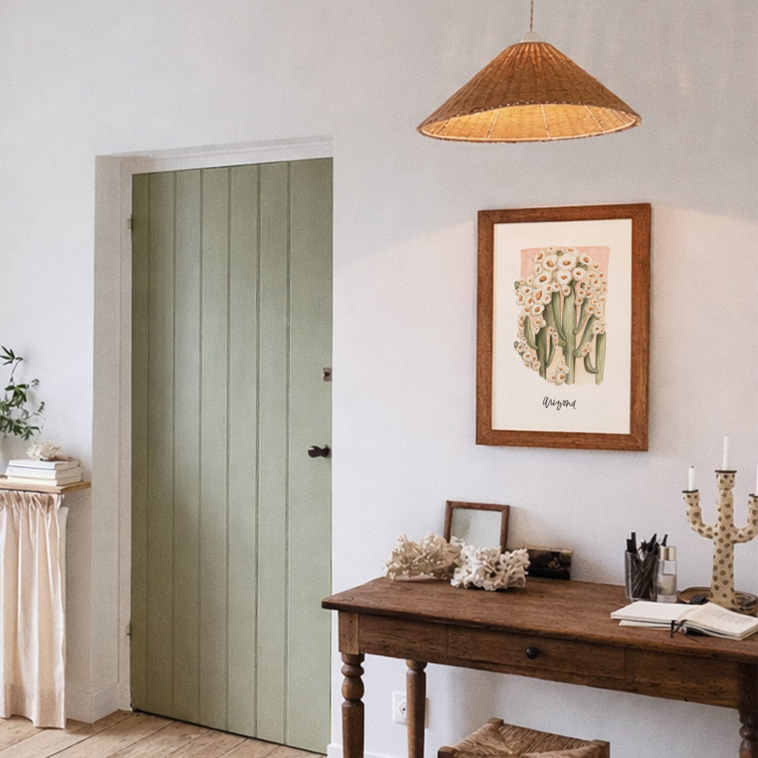 Arizona state flower Saguaro Cactus Blossom watercolor art print on archival paper framed on wall above wooden desk,