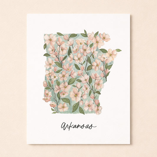 Arkansas state flower Apple Blossom watercolor art print with hand-lettered Arkansas on archival paper