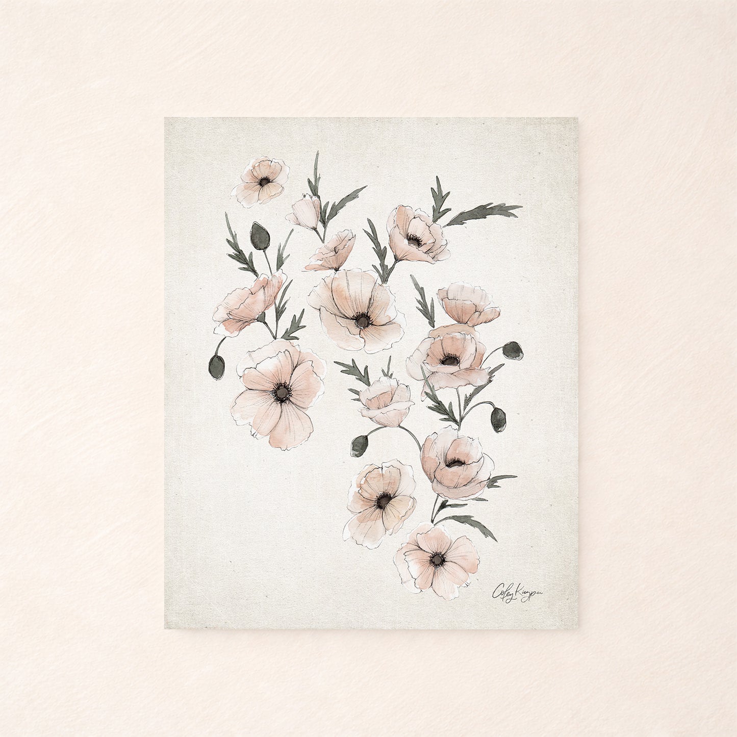 August poppy birth flower watercolor art print in soft neutral tones