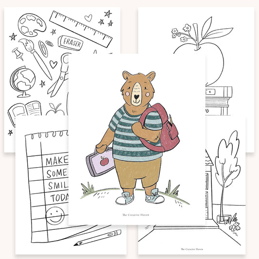 Back to School Printable Coloring Page Bundle | 5 Pages Instant Download