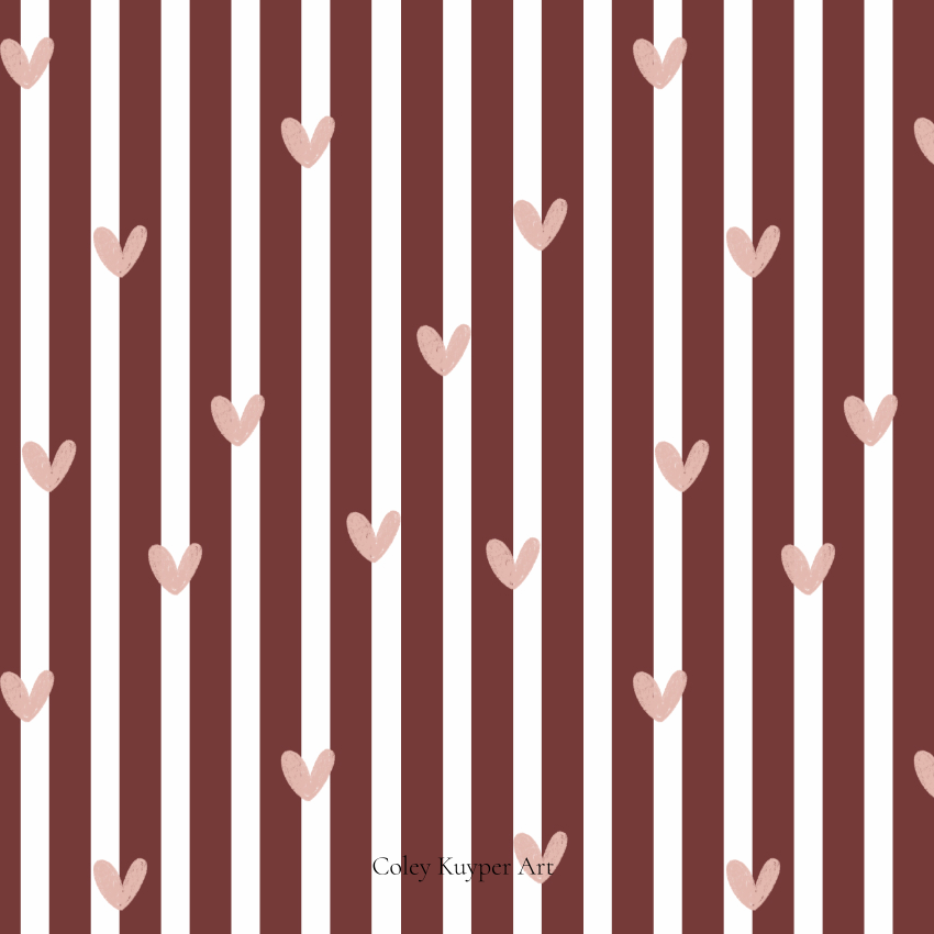 Pattern of small pink hearts on brown and white striped background