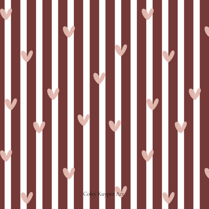 Pattern of small pink hearts on brown and white striped background
