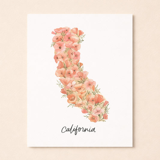 California state flower Poppy watercolor art print in peach and pinks with hand-lettered California on archival paper