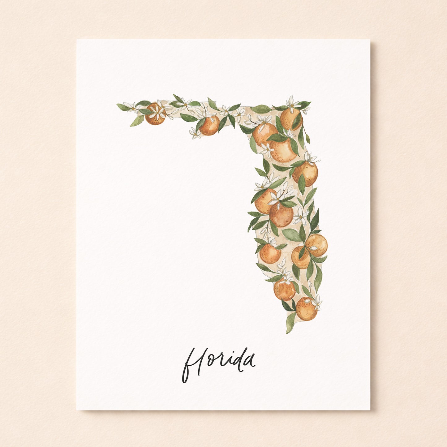 Florida state flower Orange Blossom watercolor art print with hand-lettered Florida underneath on archival paper
