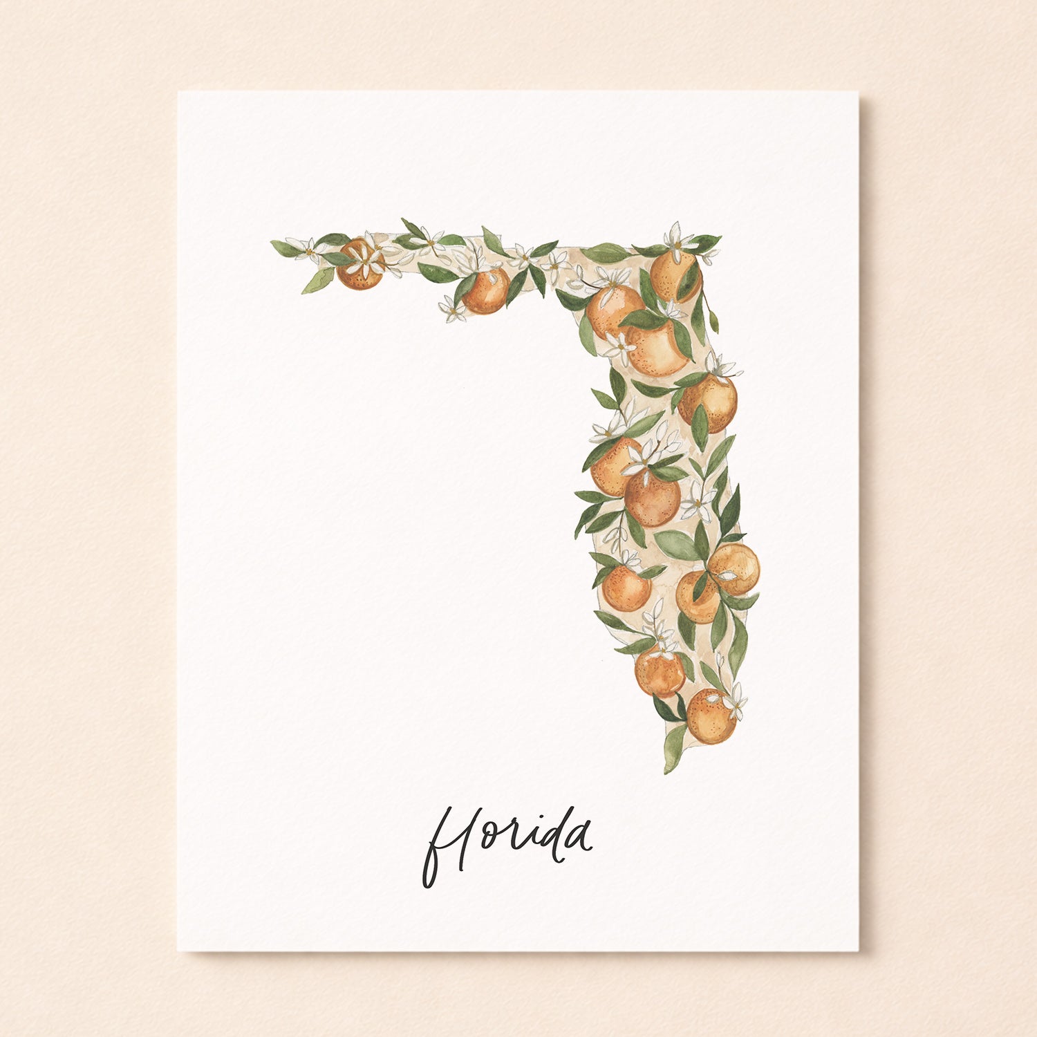 Florida state flower Orange Blossom watercolor art print with hand-lettered Florida underneath on archival paper