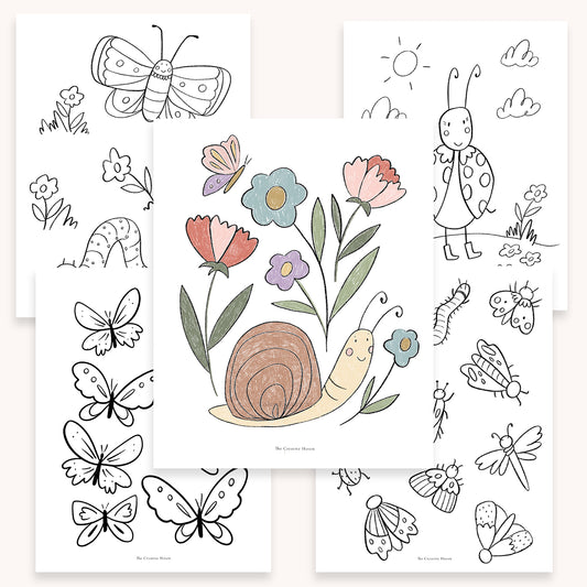 Garden Bugs Printable Coloring Page Bundle | 5 Pages Instant Download - Coley Kuyper Art
