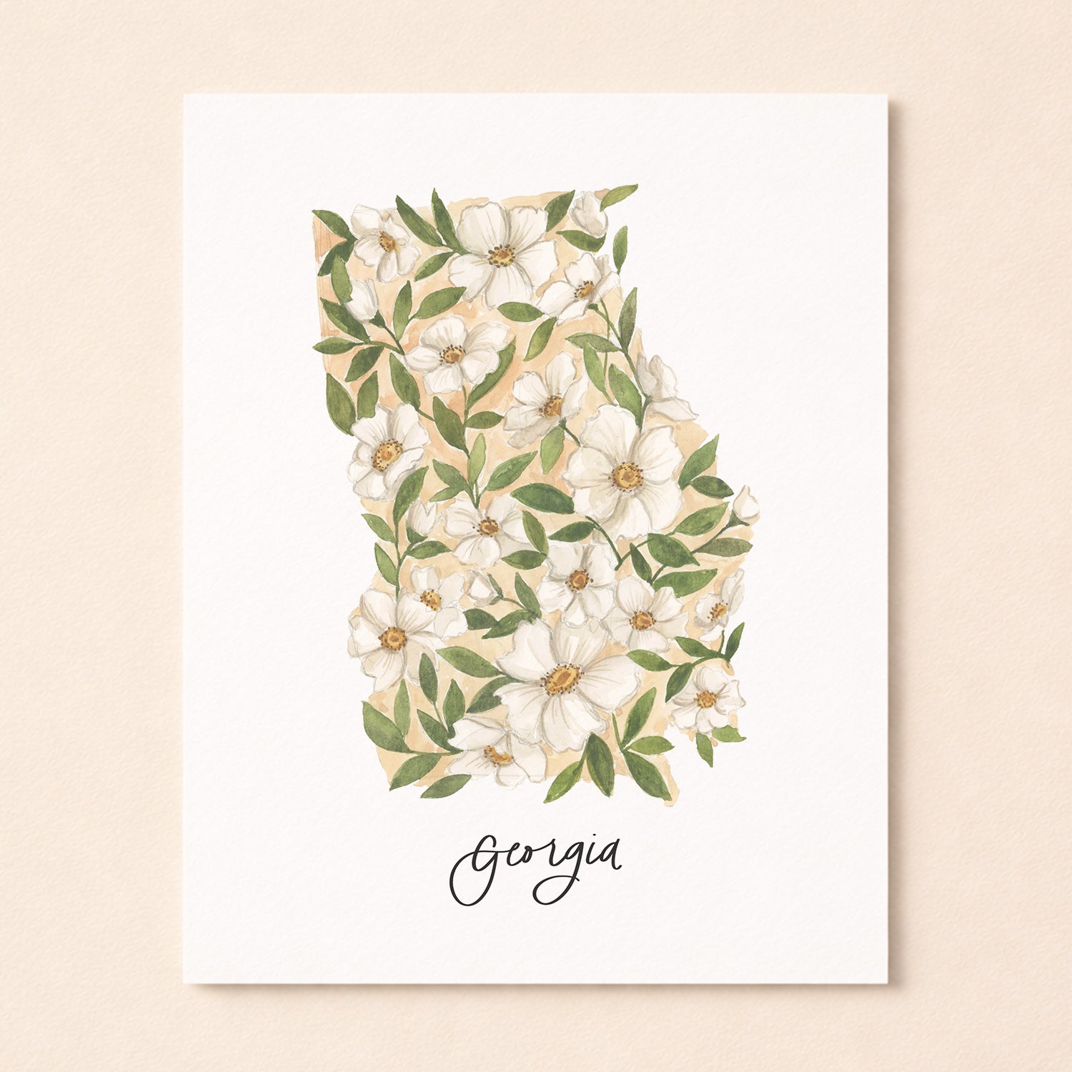Georgia state flower Cherokee Rose watercolor art print with hand-lettered Georgia underneath on archival paper