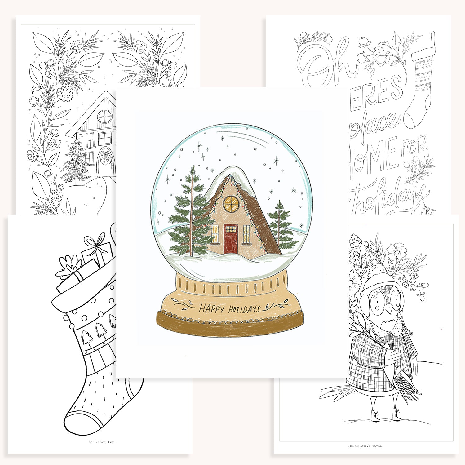 Collection of Christmas-themed illustrations including a snow globe, stocking, and decorative elements on a white background.