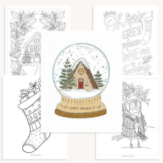 Collection of Christmas-themed illustrations including a snow globe, stocking, and decorative elements on a white background.