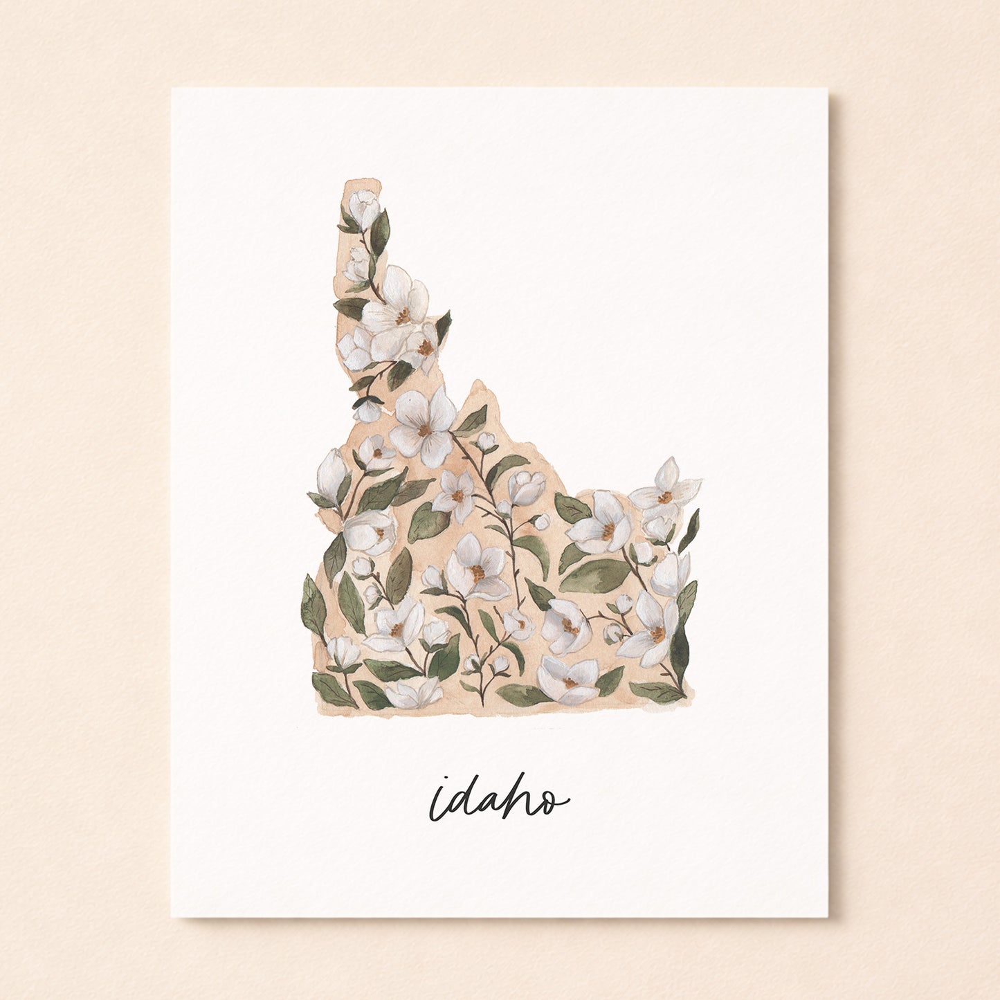 Idaho state flower Syringa watercolor art print with hand-lettered Idaho underneath on archival paper