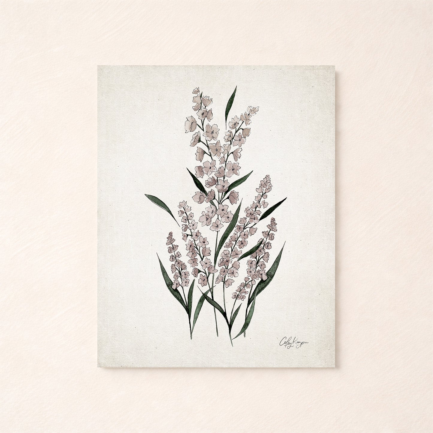 July larkspur birth flower watercolor art print in soft purple, green, and neutral tones