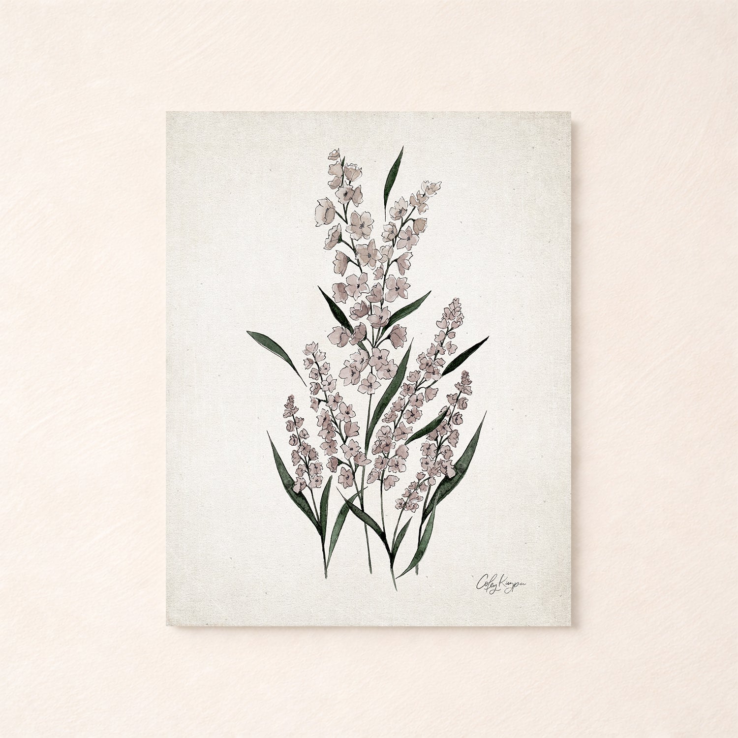 July larkspur birth flower watercolor art print in soft purple, green, and neutral tones