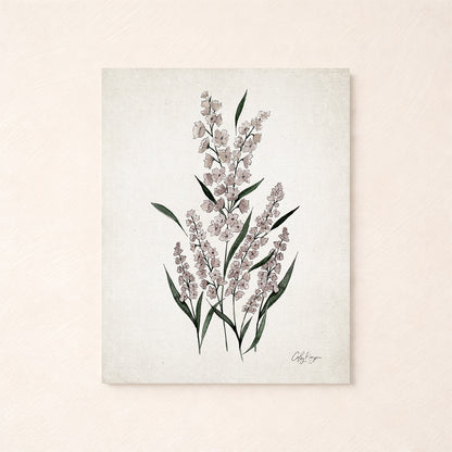 July larkspur birth flower watercolor art print in soft purple, green, and neutral tones