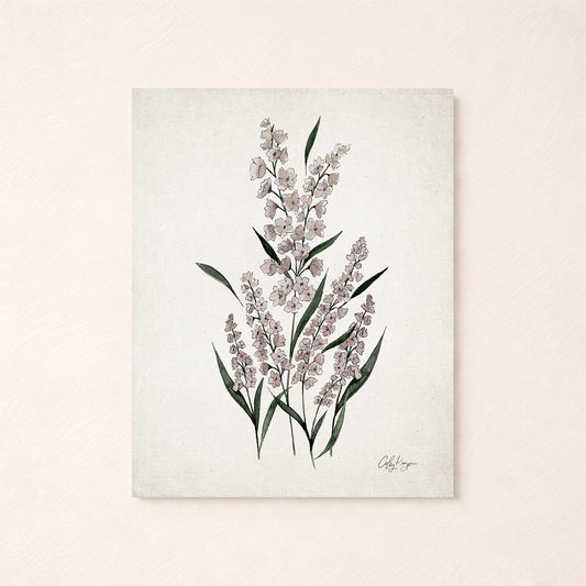 July larkspur birth flower watercolor art print in soft purple, green, and neutral tones