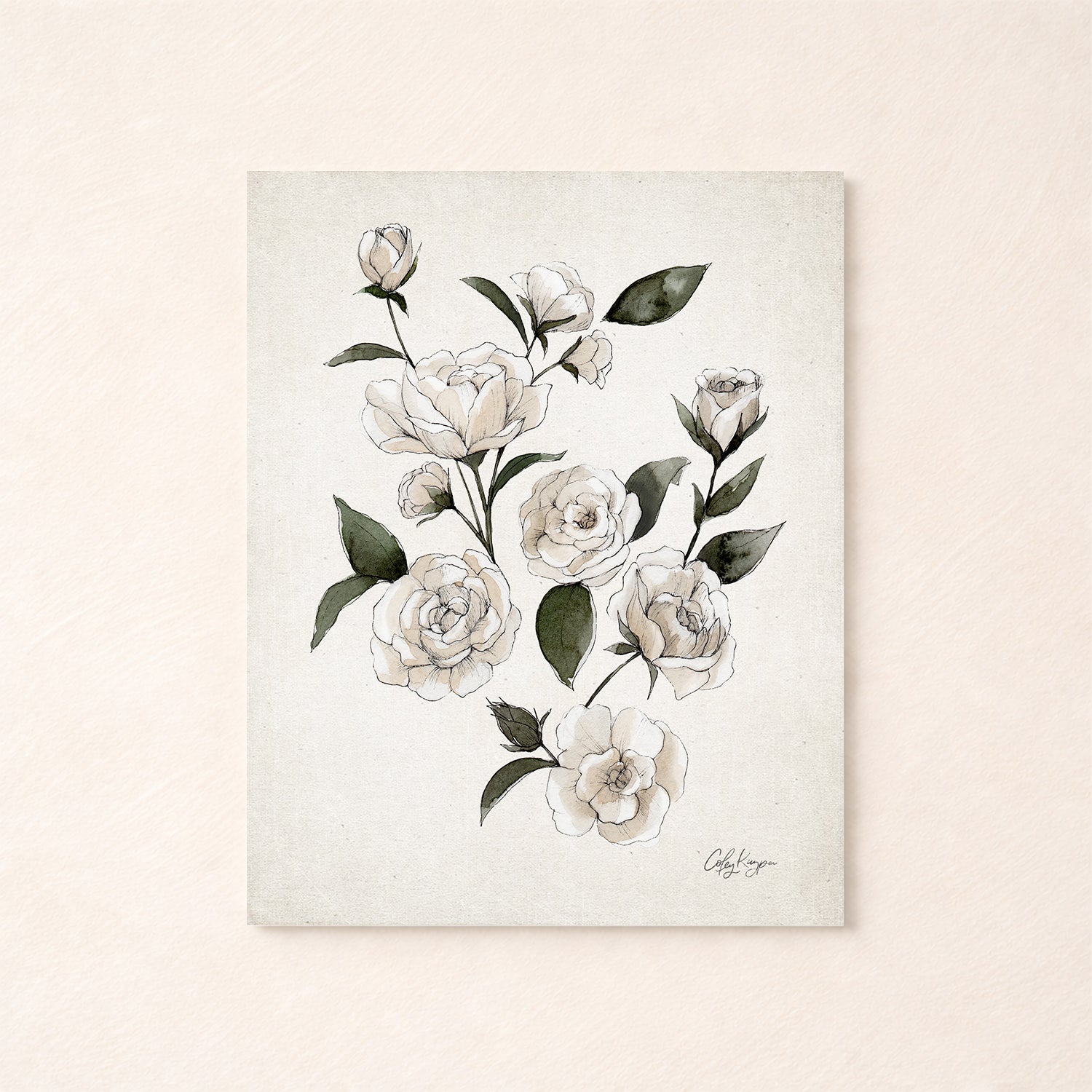 June rose birth flower watercolor art print in soft neutral tones with white flowers and green leaves.
