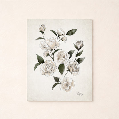 June rose birth flower watercolor art print in soft neutral tones with white flowers and green leaves.